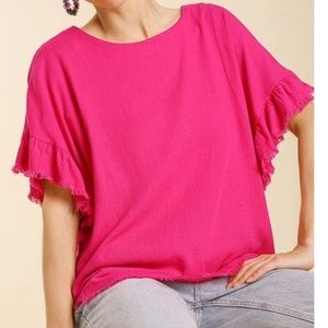 Umgee Pink Linen Ruffle Sleeve Top